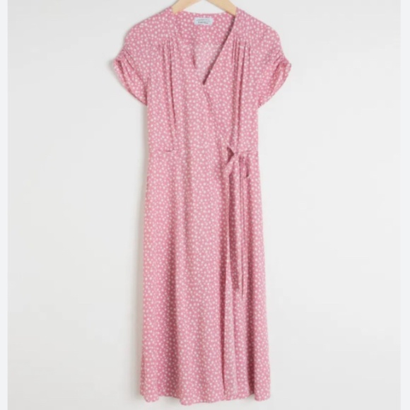 & Other Stories Dresses & Skirts - & Other Stories Pink Floral V Neck Wrap Midi Dress Ruched Puffed Sleeves SZ 6